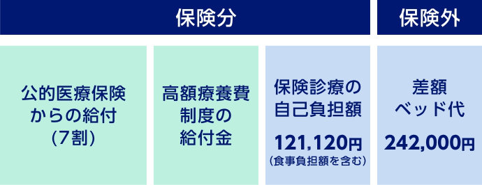 保険分 公的医療保険からの給付(7割) 高額療養費制度の給付金 保険診療の自己負担額121,120円(食事負担額を含む)　保険外 差額ベッド代242,000円